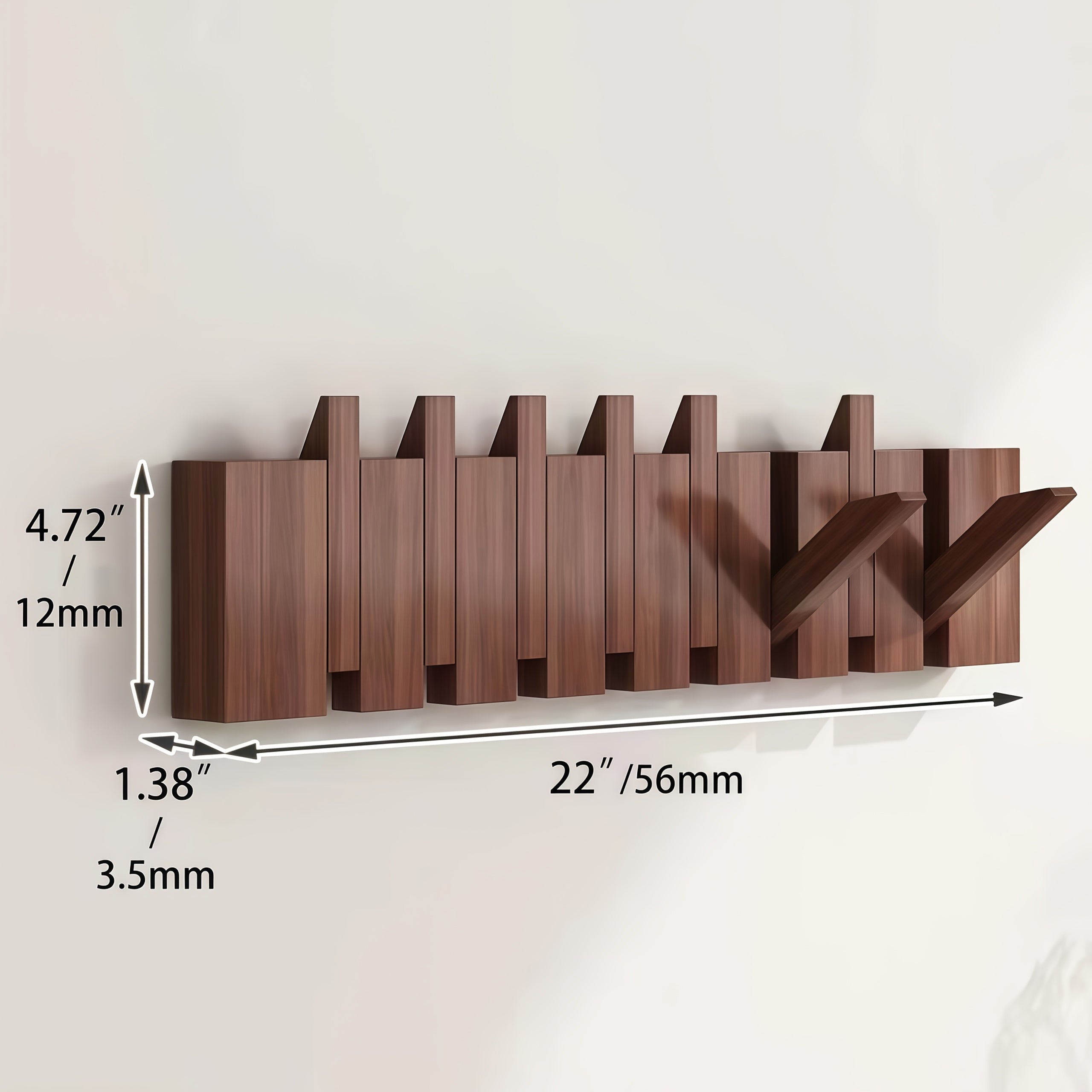 Wall-Mounted Coat Rack 1pc Natural Wood Wall-Mounted Coat Rack with 10 Hooks - Piano-Shaped Accordion Design, Walnut Finish, Space-Saving Vertical Storage for Entryway, Bedroom, Bathroom - Easy Assembly, No Batteries\u002FElectricity, Durable Multi-Purpos