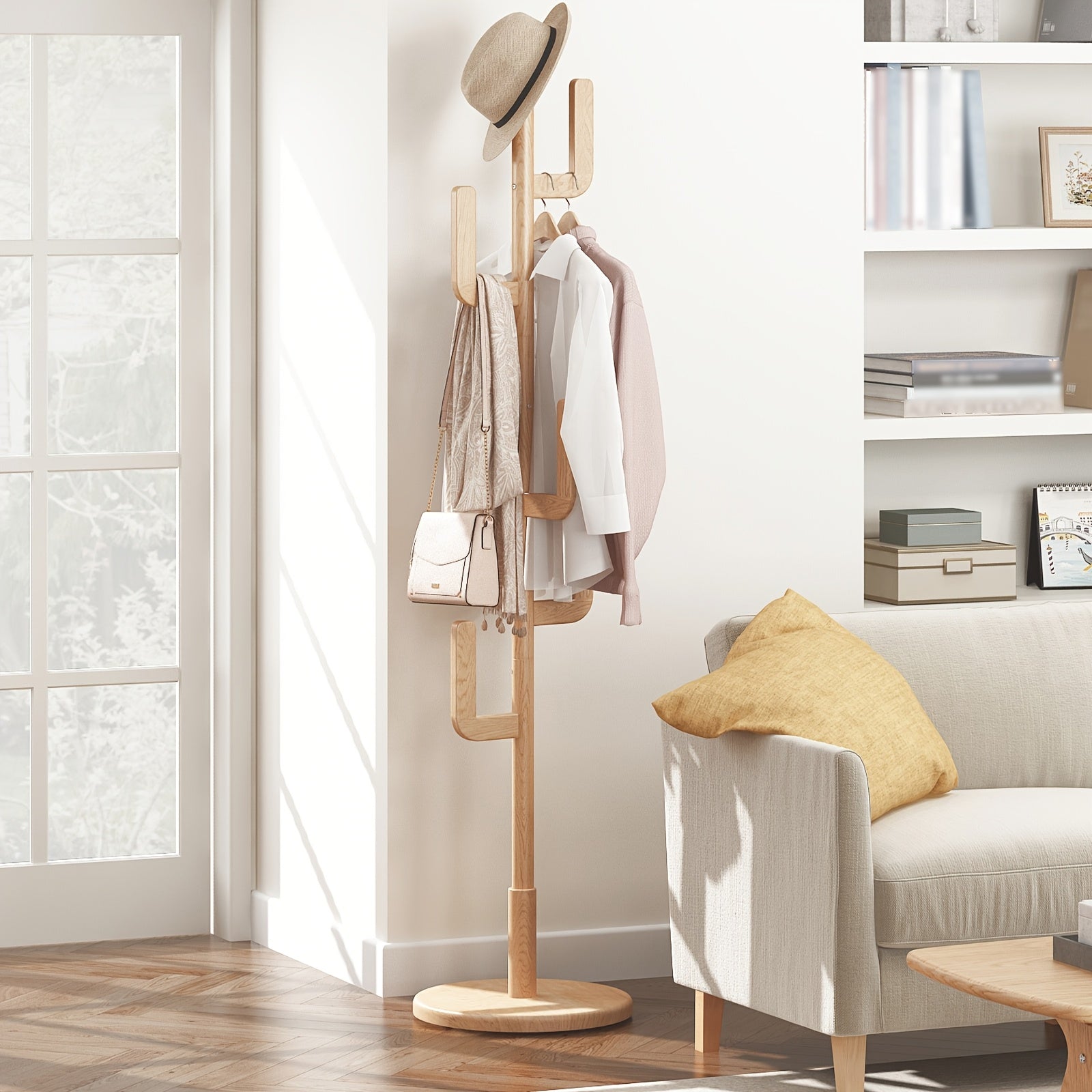 Solid Wood Cactus Coat Rack Stand | Freestanding Coat Rack with 1.59 gal-shaped Hooks and 3 Adjustable Sizes, Sturdy and Easy to Assemble, Ideal for Entryway and Bedroom, Christmas Gift, Black Friday Special, Free Shipping