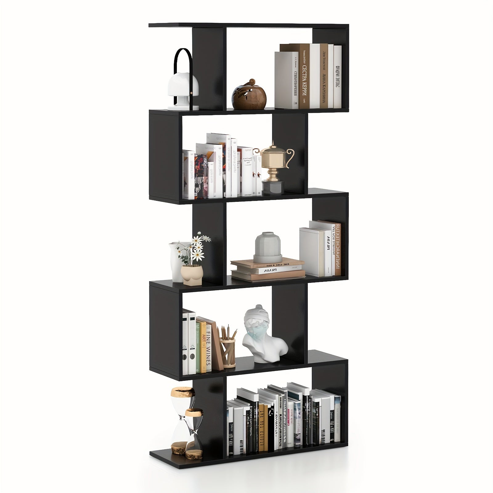 5-Tier Geometric S-Shaped Bookcase, Rustic Wooden Room Divider Storage Display Shelf, 62.5\