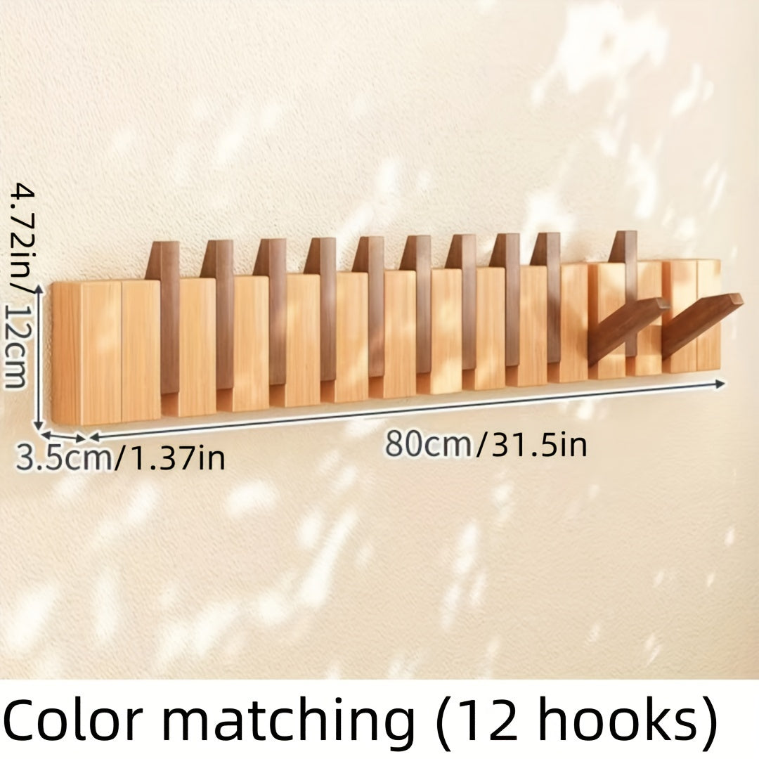 1pc 10\u002F12 hook Creative Piano Key Wall Rack, Wall Mounted Coat Hook, Folding Hanging Storage Rack, Solid Wood Clothes Hanger, Hat Rack, For Bedroom, Entryway, Foyer, Mudroom, Wall Decor Aesthetic Room Decor