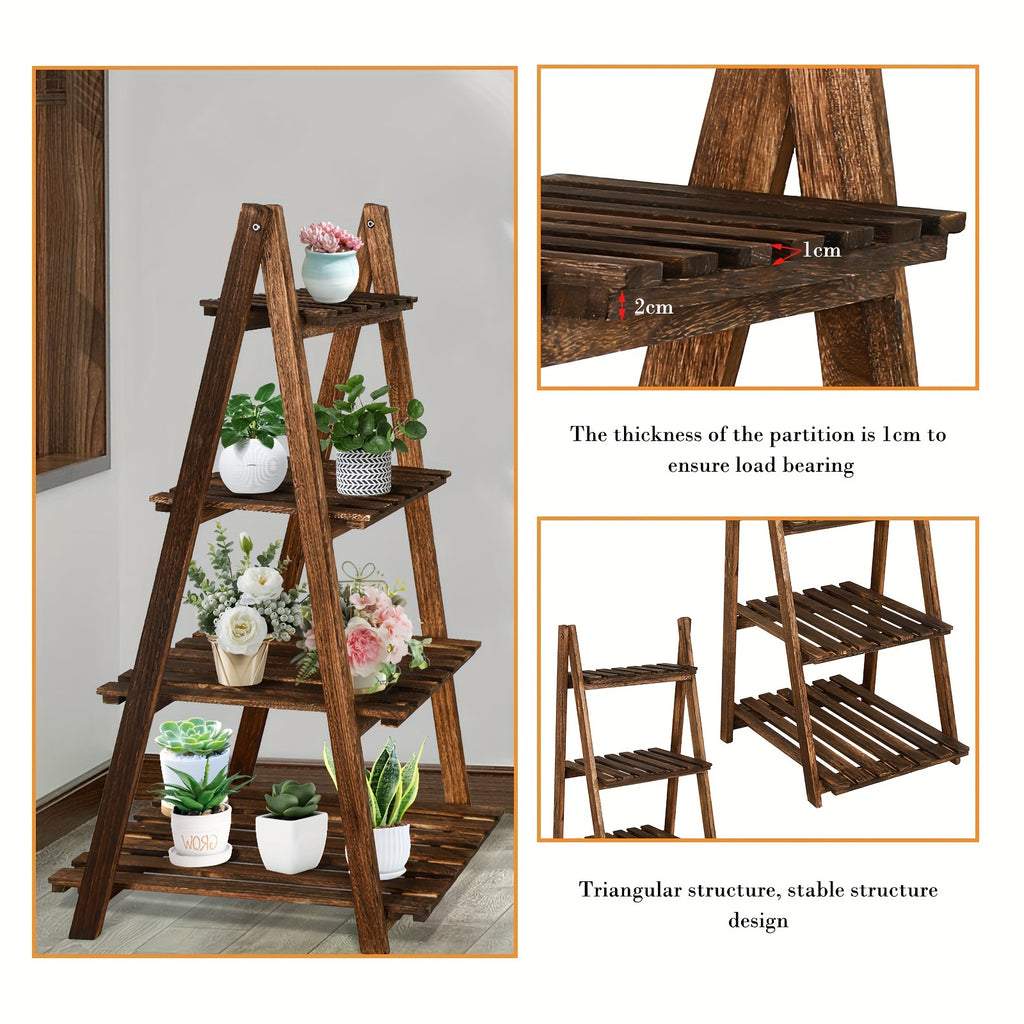 4-Tier Ladder Shelf | Wooden Plant and Bookshelf, Rustic Flower Display Rack, Brown Hardwood, Freestanding for Living Room, Office, Bedroom