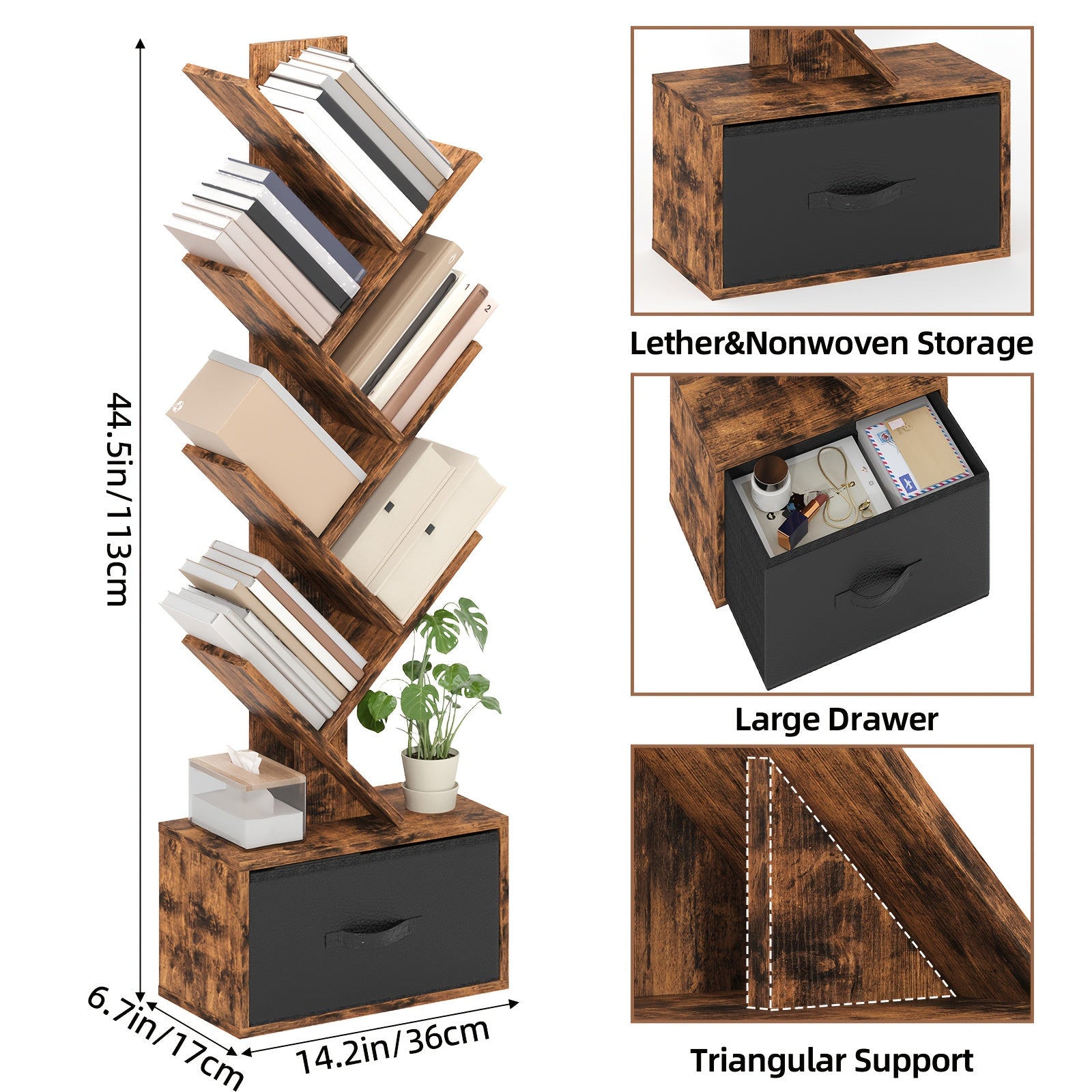 TOMNK 6-Tier Bookshelf Featuring a Drawer, Tree-Shaped Book Storage, Ideal for Organizing Cds, Movies, And Books, Rustic Brown Finish, Offers Excellent Stability And Longevity, Suitable for Living Rooms, Bedrooms, Home Decoration, Assembly