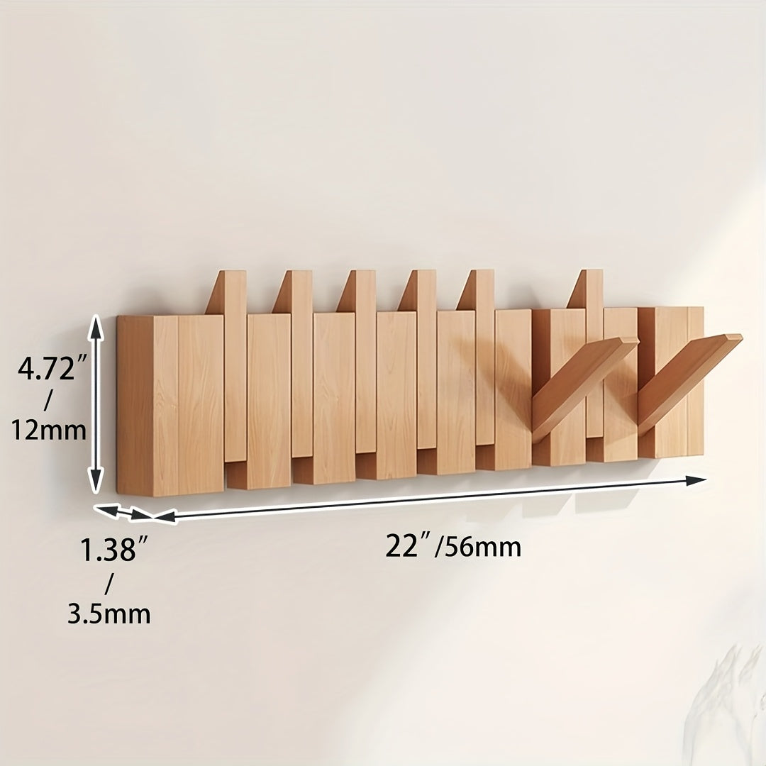 Wall-Mounted Coat Rack 1pc Natural Wood Wall-Mounted Coat Rack with 10 Hooks - Piano-Shaped Accordion Design, Walnut Finish, Space-Saving Vertical Storage for Entryway, Bedroom, Bathroom - Easy Assembly, No Batteries\u002FElectricity, Durable Multi-Purpos