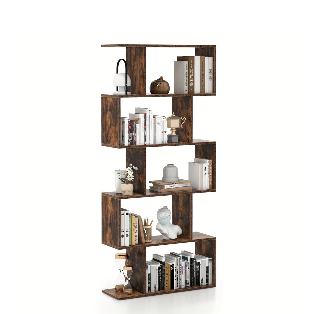 5-Tier Geometric S-Shaped Bookcase, Rustic Wooden Room Divider Storage Display Shelf, 62.5\