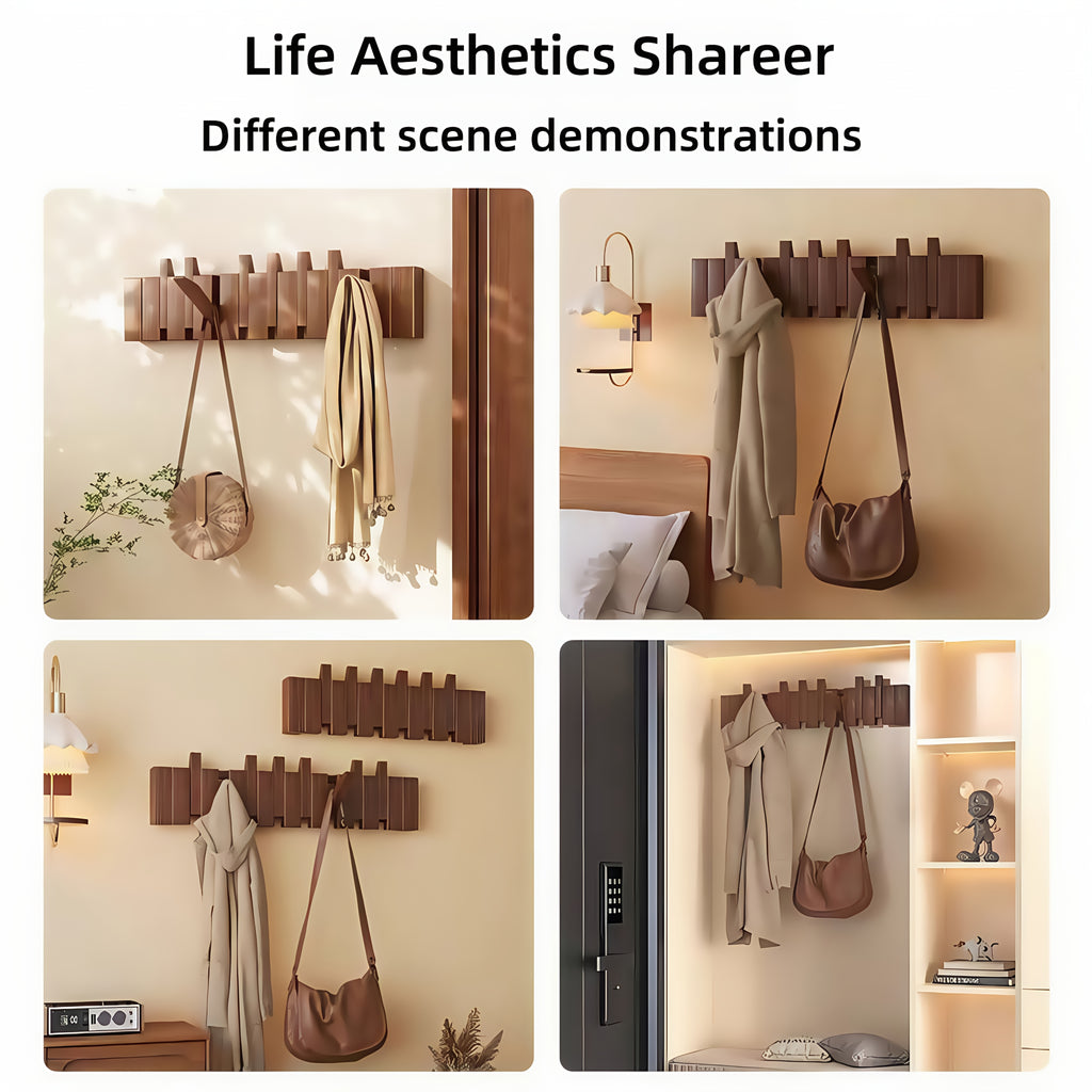 Wall-Mounted Coat Rack 1pc Natural Wood Wall-Mounted Coat Rack with 10 Hooks - Piano-Shaped Accordion Design, Walnut Finish, Space-Saving Vertical Storage for Entryway, Bedroom, Bathroom - Easy Assembly, No Batteries\u002FElectricity, Durable Multi-Purpos