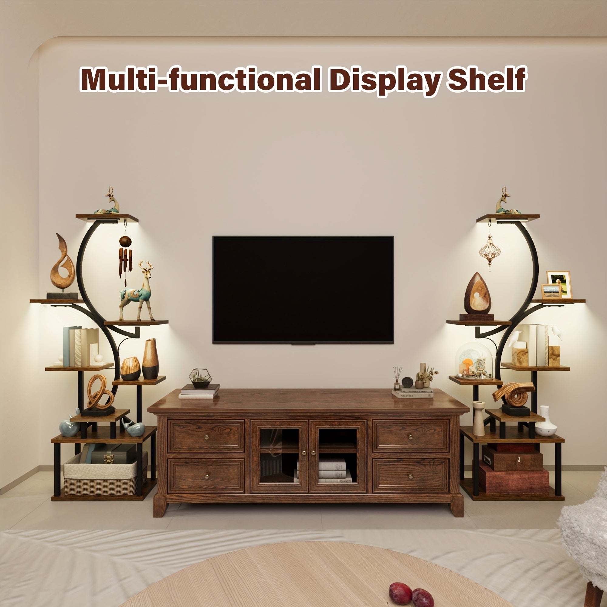 Bookshelf with Lights, 8 Tiered 62' Multi-functional Metal Black&brown Wood Bookcase for Books Handicraft Decorations Frames Multiple, Display Stand for Living Room Study Room Bedroom Staircase Corners Window Edges Good Choice for Gifts Home Decor