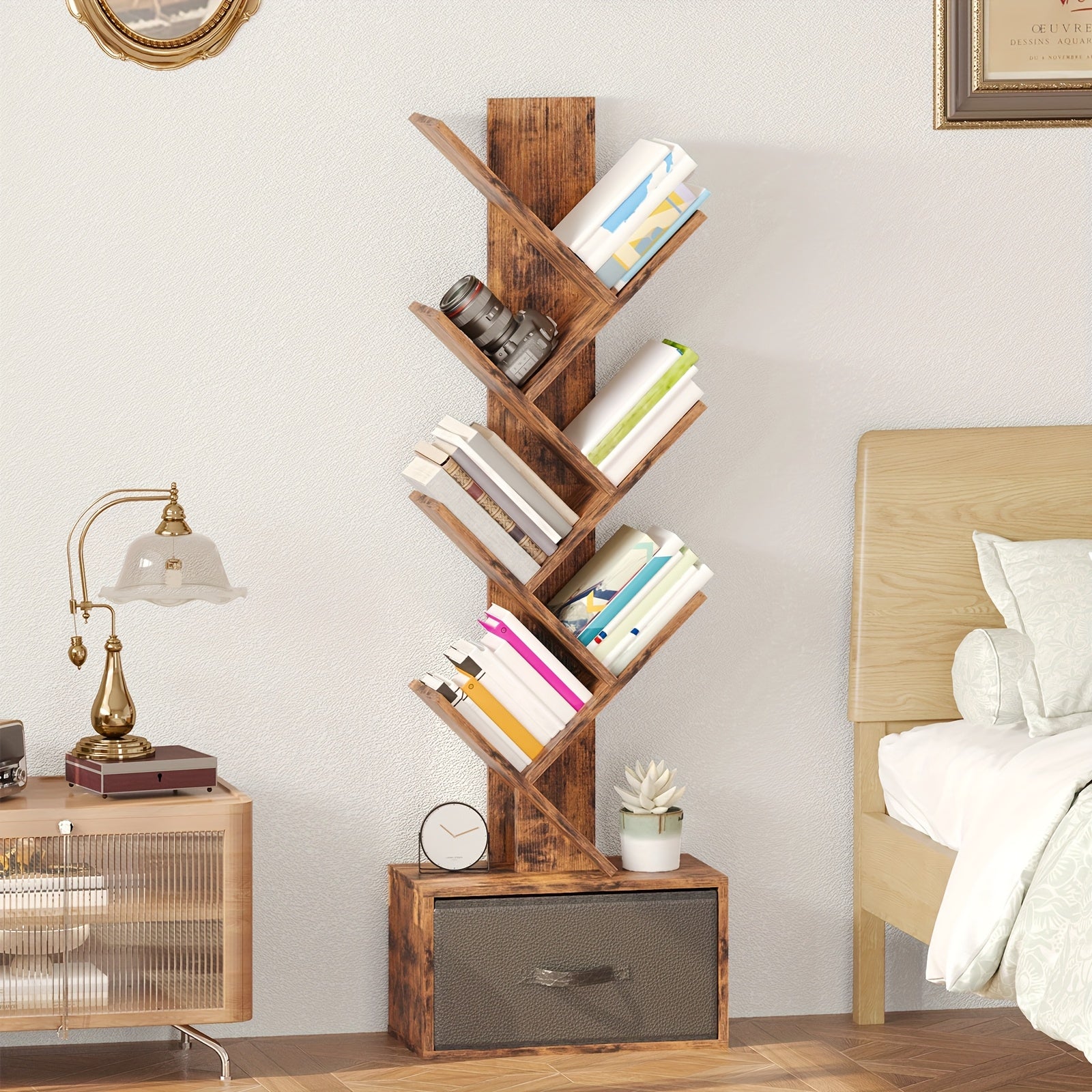 TOMNK 6-Tier Bookshelf Featuring a Drawer, Tree-Shaped Book Storage, Ideal for Organizing Cds, Movies, And Books, Rustic Brown Finish, Offers Excellent Stability And Longevity, Suitable for Living Rooms, Bedrooms, Home Decoration, Assembly