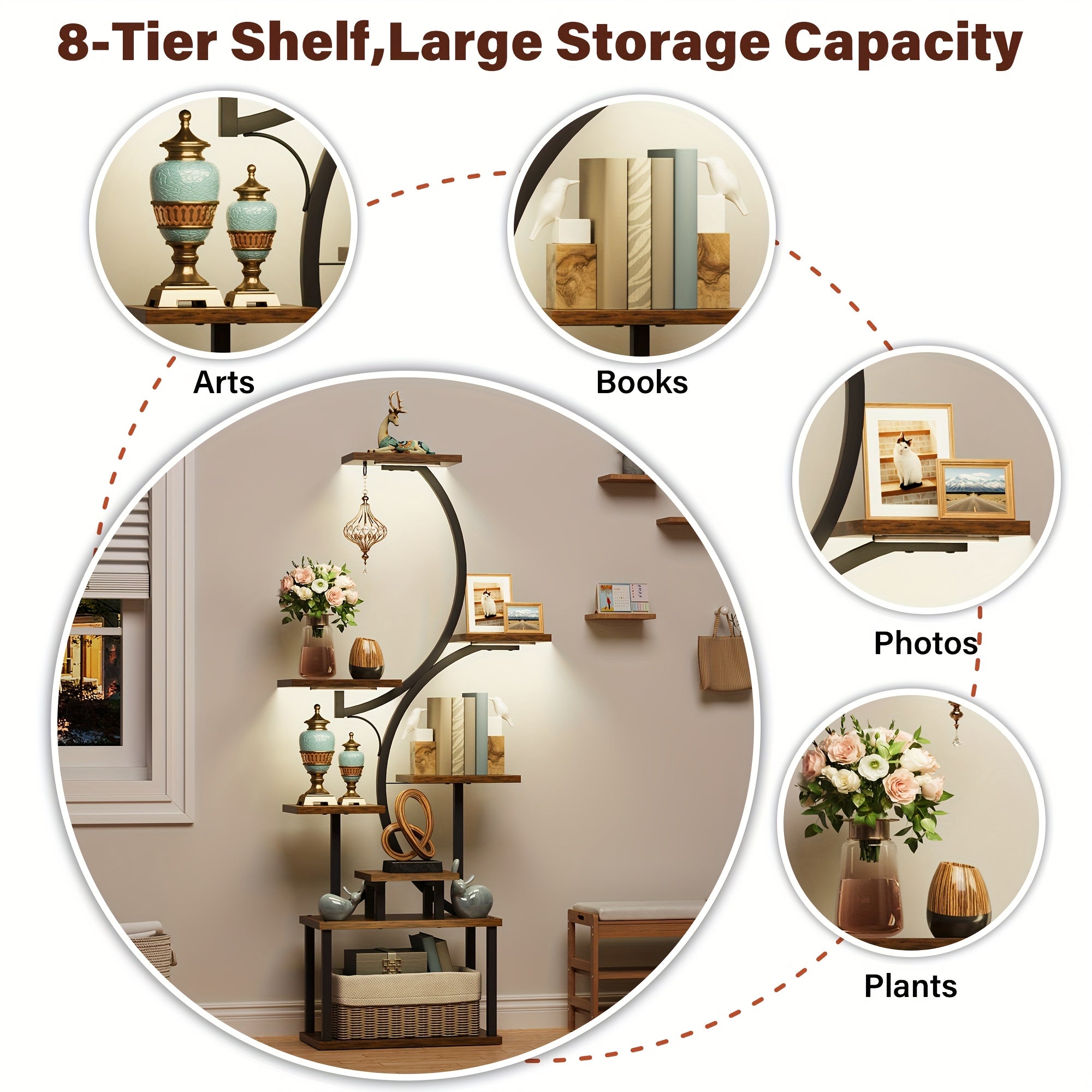 Bookshelf with Lights, 8 Tiered 62' Multi-functional Metal Black&brown Wood Bookcase for Books Handicraft Decorations Frames Multiple, Display Stand for Living Room Study Room Bedroom Staircase Corners Window Edges Good Choice for Gifts Home Decor