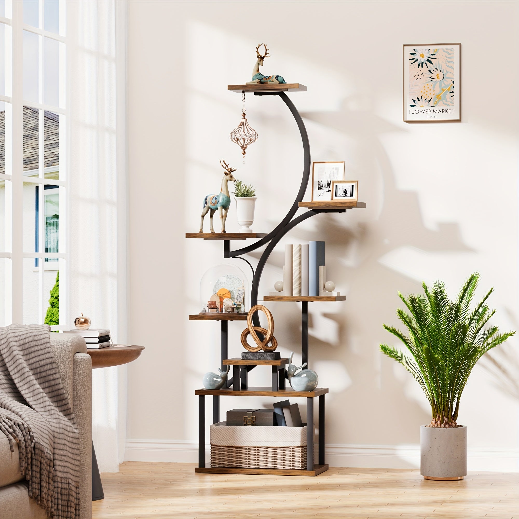 Bookshelf with Lights, 8 Tiered 62' Multi-functional Metal Black&brown Wood Bookcase for Books Handicraft Decorations Frames Multiple, Display Stand for Living Room Study Room Bedroom Staircase Corners Window Edges Good Choice for Gifts Home Decor