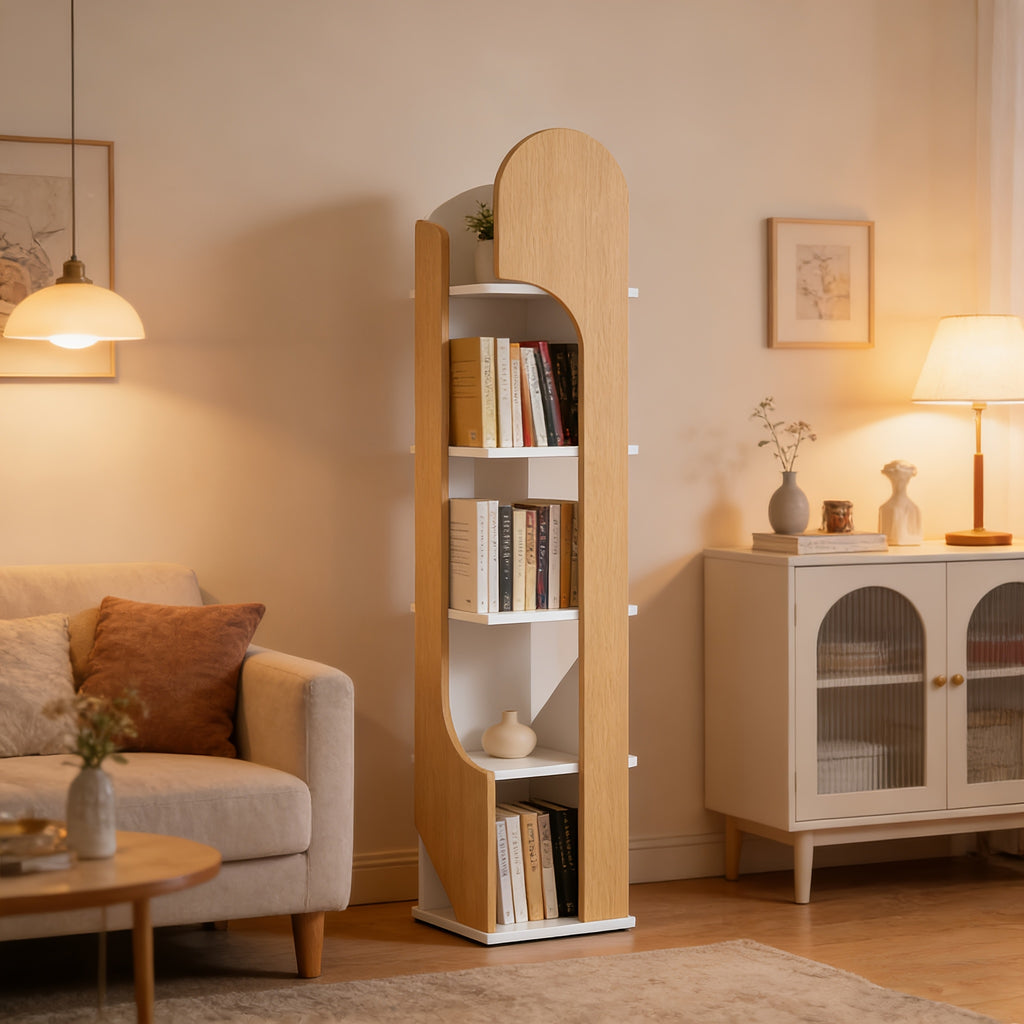 New 5-tier Rotating Floor-to-ceiling Bookshelf, Space-saving 360-degree Rotating Storage, Larger Storage Space, Solid Wood, Structural Design Is More Sturdy And Durable, Suitable for Bedroom, Living Room, Home, Office