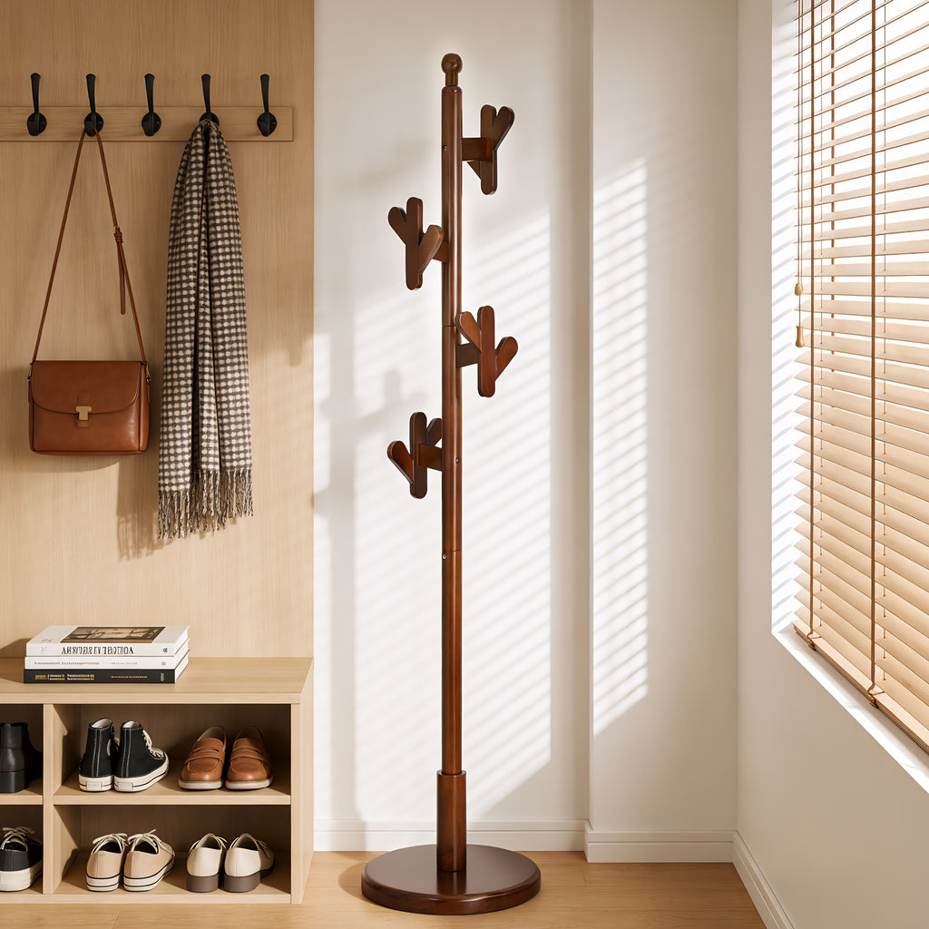 Heavy-Duty Solid Rubberwood Coat Rack Freestanding with Antler Hooks - Tall Hall Tree Suitable for Entryway, Bedroom, Apartment - Walnut Wood Hanger for Coats, Hats, Bags - Assembly, Sturdy Base