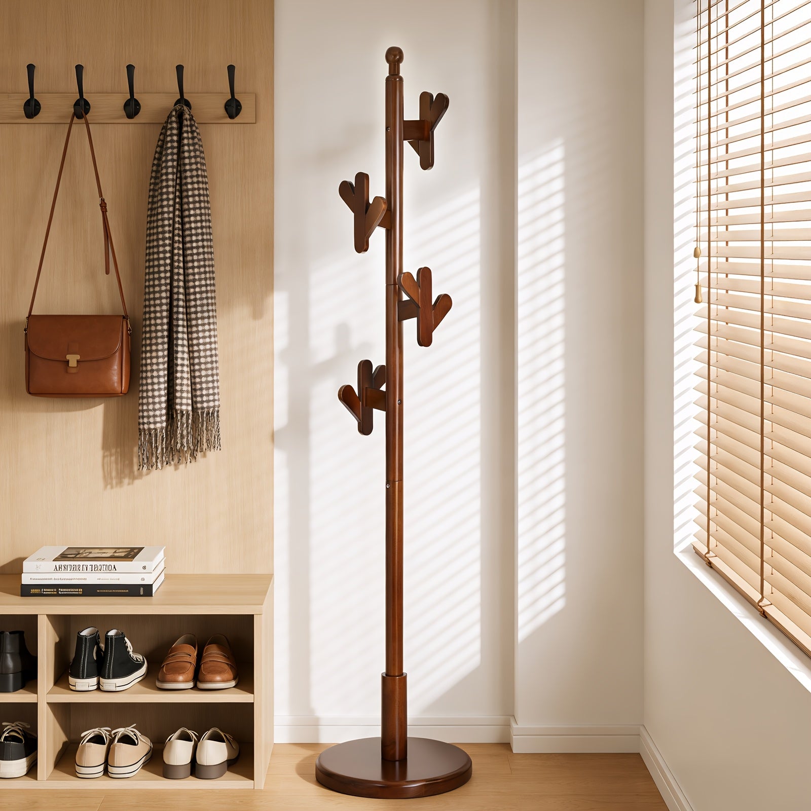 Heavy-Duty Solid Rubberwood Coat Rack Freestanding with Antler Hooks - Tall Hall Tree Suitable for Entryway, Bedroom, Apartment - Walnut Wood Hanger for Coats, Hats, Bags - Assembly, Sturdy Base