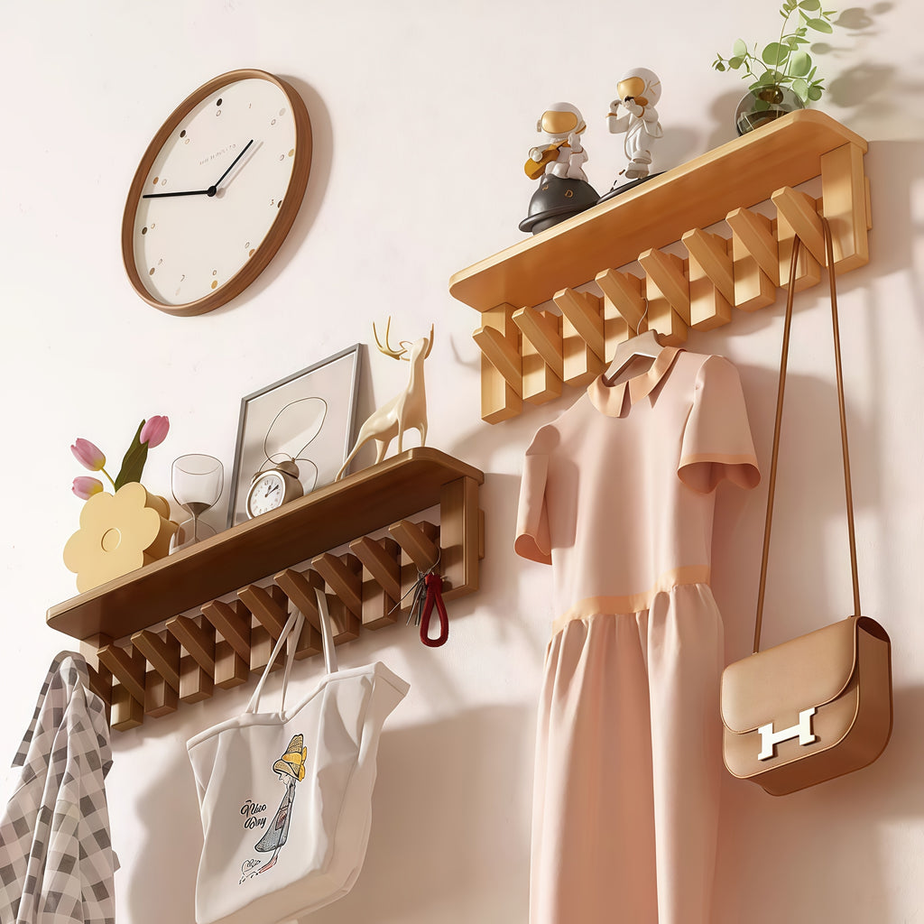 Wall-Mounted Coat Rack 1pc Natural Wood Wall-Mounted Coat Rack with 10 Hooks - Piano-Shaped Accordion Design, Walnut Finish, Space-Saving Vertical Storage for Entryway, Bedroom, Bathroom - Easy Assembly, No Batteries\u002FElectricity, Durable Multi-Purpos