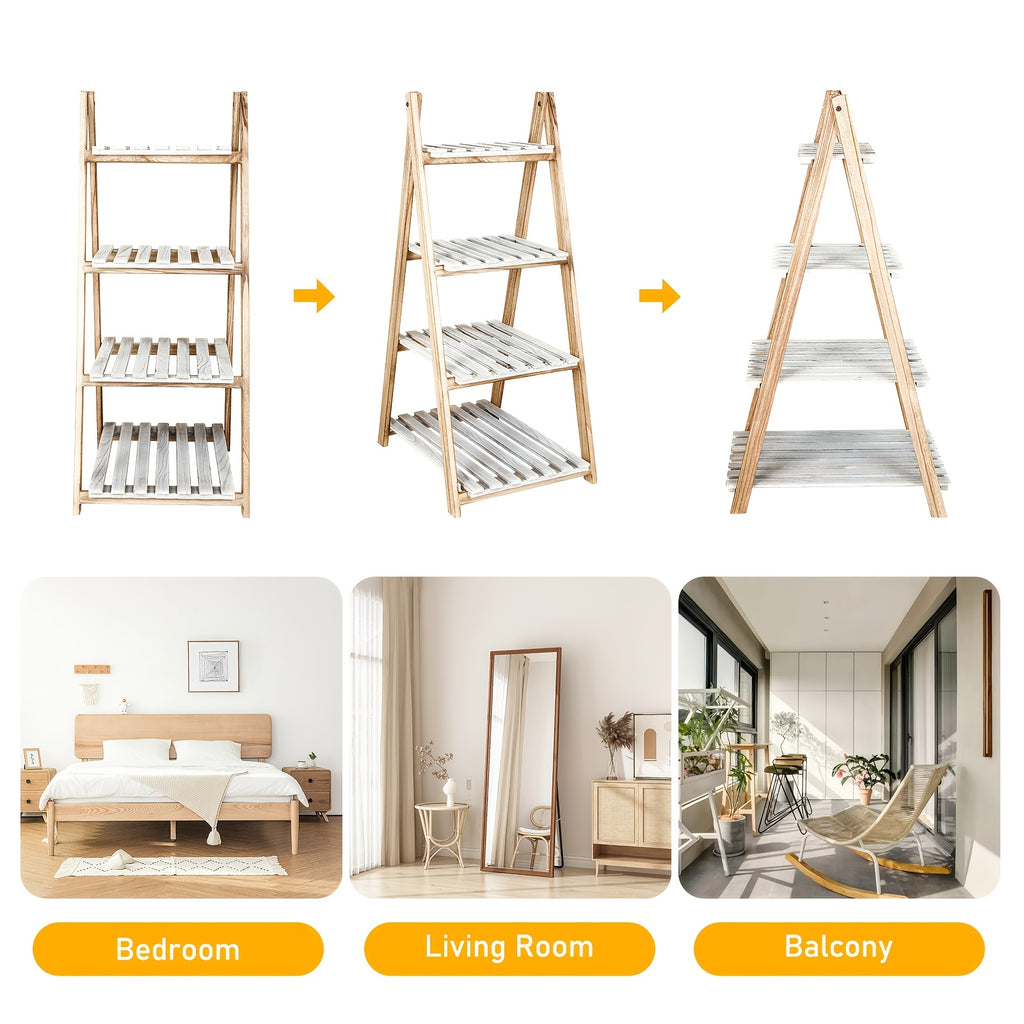 4-Tier Ladder Shelf | Wooden Plant and Bookshelf, Rustic Flower Display Rack, Brown Hardwood, Freestanding for Living Room, Office, Bedroom