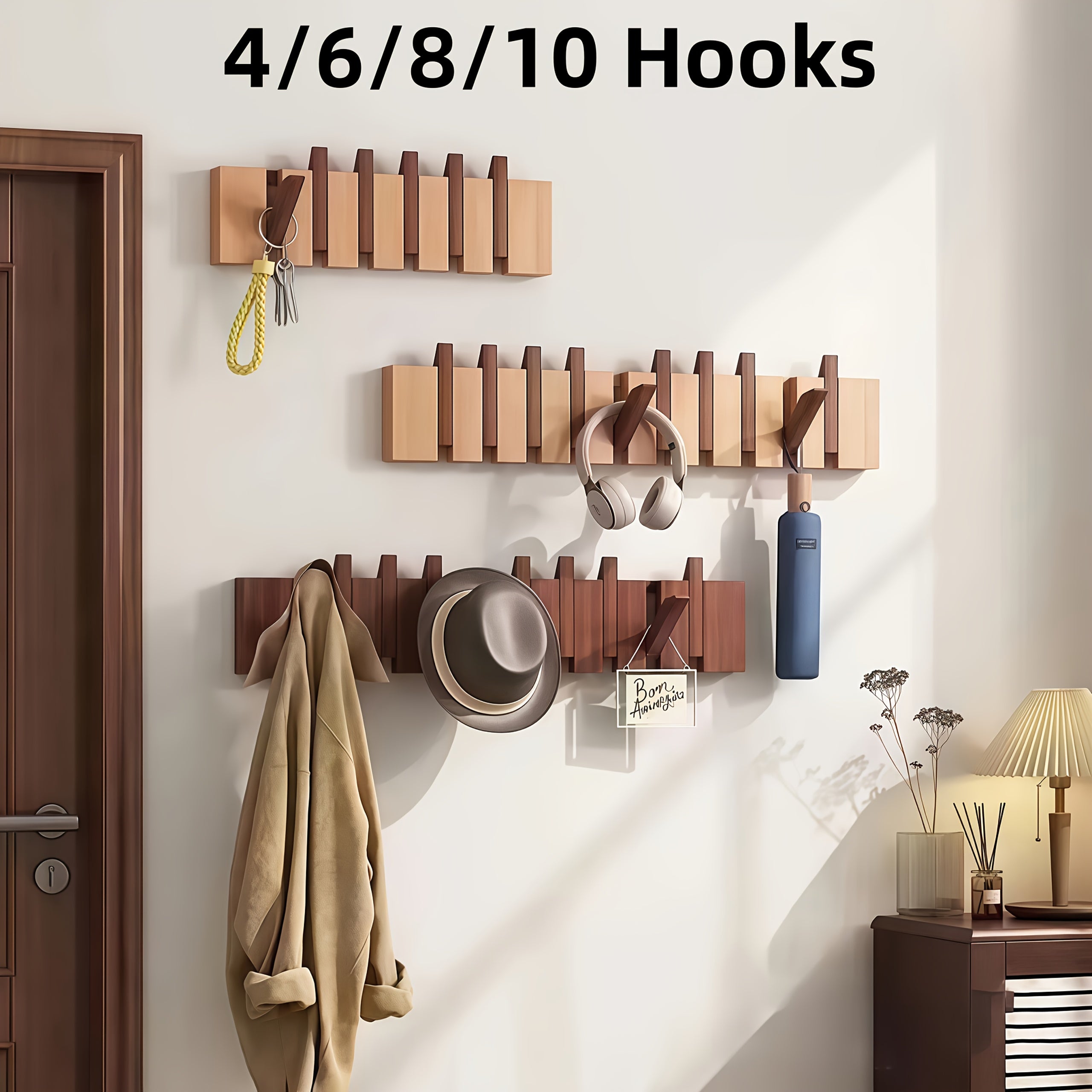 Wall-Mounted Coat Rack 1pc Natural Wood Wall-Mounted Coat Rack with 10 Hooks - Piano-Shaped Accordion Design, Walnut Finish, Space-Saving Vertical Storage for Entryway, Bedroom, Bathroom - Easy Assembly, No Batteries\u002FElectricity, Durable Multi-Purpos