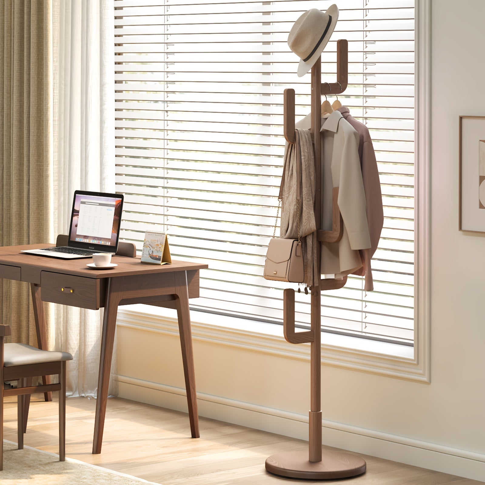 Solid Wood Cactus Coat Rack Stand | Freestanding Coat Rack with 1.59 gal-shaped Hooks and 3 Adjustable Sizes, Sturdy and Easy to Assemble, Ideal for Entryway and Bedroom, Christmas Gift, Black Friday Special, Free Shipping