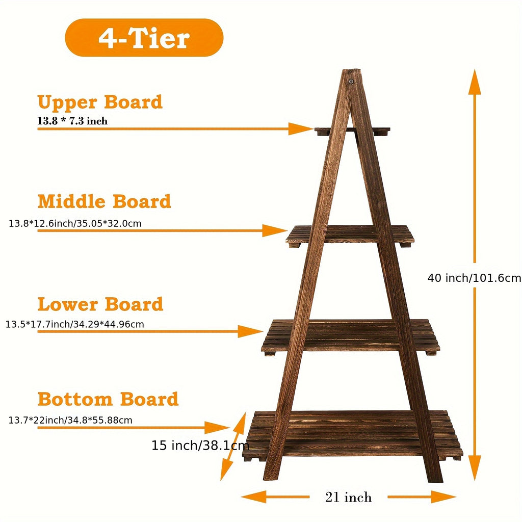 4-Tier Ladder Shelf | Wooden Plant and Bookshelf, Rustic Flower Display Rack, Brown Hardwood, Freestanding for Living Room, Office, Bedroom