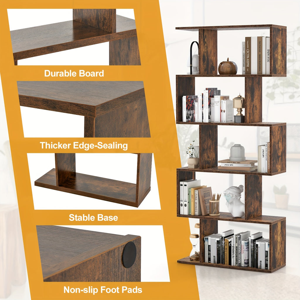 5-Tier Geometric S-Shaped Bookcase, Rustic Wooden Room Divider Storage Display Shelf, 62.5\
