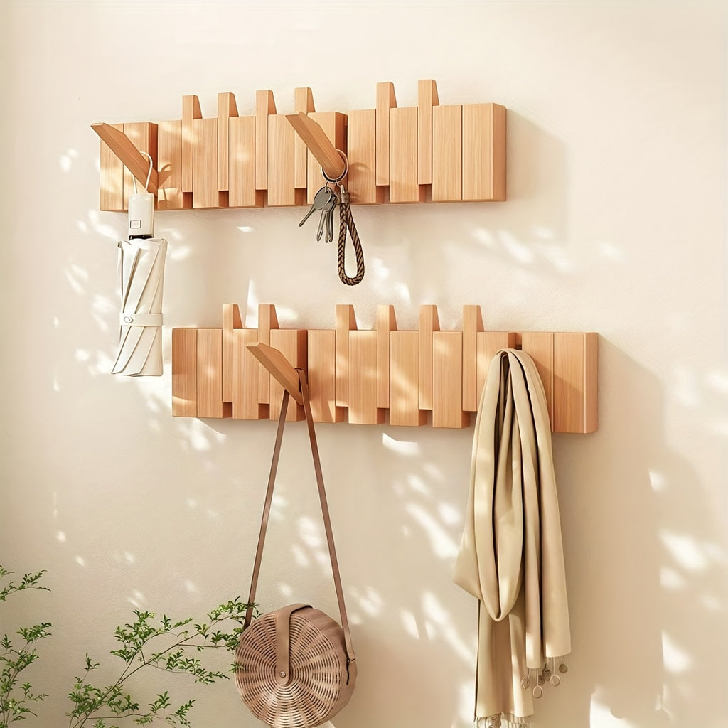 Wall-Mounted Coat Rack 1pc Natural Wood Wall-Mounted Coat Rack with 10 Hooks - Piano-Shaped Accordion Design, Walnut Finish, Space-Saving Vertical Storage for Entryway, Bedroom, Bathroom - Easy Assembly, No Batteries\u002FElectricity, Durable Multi-Purpos