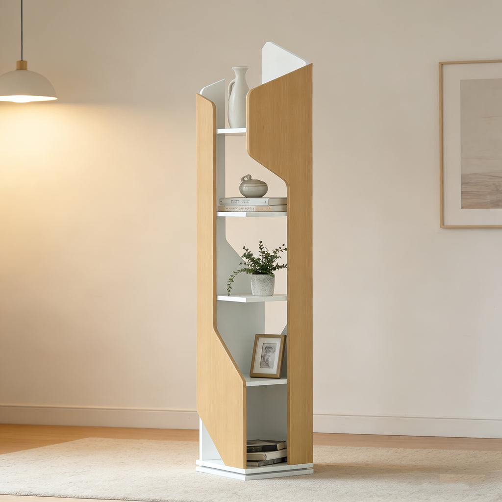 New 5-tier Rotating Floor-to-ceiling Bookshelf, Space-saving 360-degree Rotating Storage, Larger Storage Space, Solid Wood, Structural Design Is More Sturdy And Durable, Suitable for Bedroom, Living Room, Home, Office