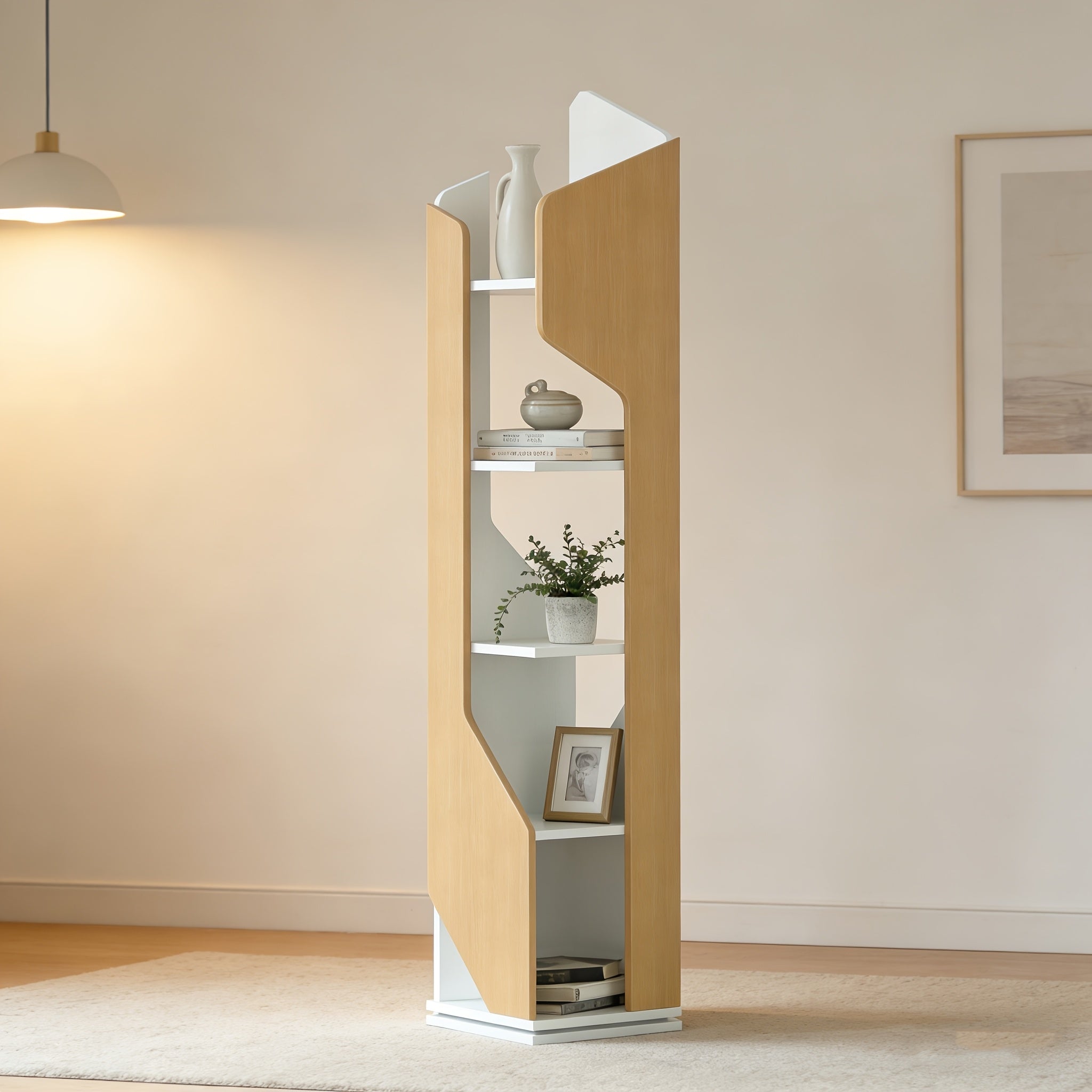 New 5-tier Rotating Floor-to-ceiling Bookshelf, Space-saving 360-degree Rotating Storage, Larger Storage Space, Solid Wood, Structural Design Is More Sturdy And Durable, Suitable for Bedroom, Living Room, Home, Office