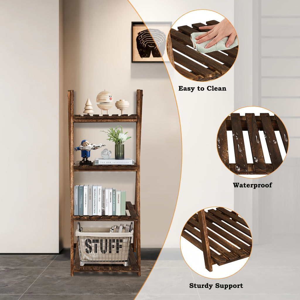 4-Tier Ladder Shelf | Wooden Plant and Bookshelf, Rustic Flower Display Rack, Brown Hardwood, Freestanding for Living Room, Office, Bedroom