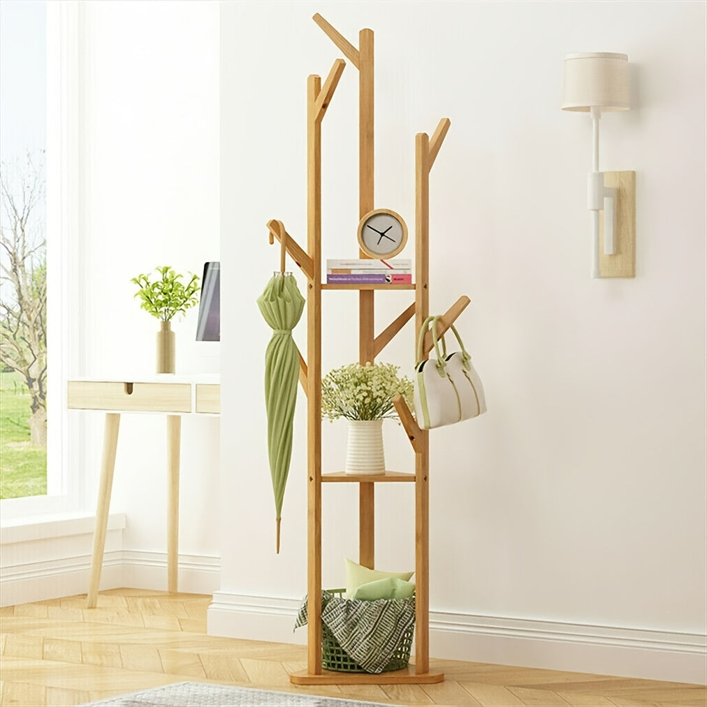Bamboo Freestanding Coat Rack with 9 Hooks and 3 Storage Shelves, Easy Assembly Rotary Tree Stand for Entryway - Natural Wood Color