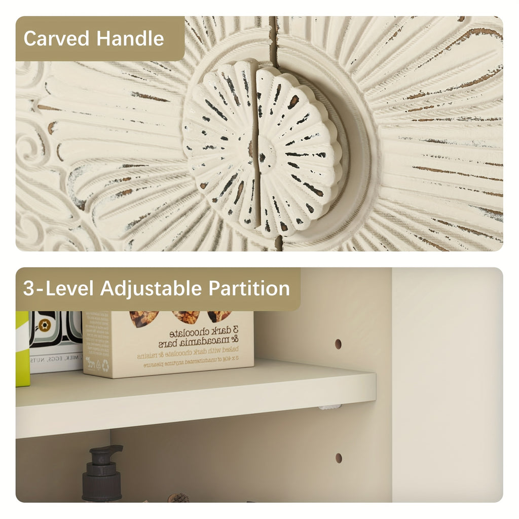 Buffet Cabinet with Storage, Unique Pattern, Adjustable Shelf, Accent Sideboard, for Kitchen Living Room Entryway, White