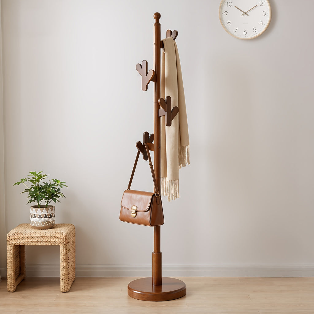 Heavy-Duty Solid Rubberwood Coat Rack Freestanding with Antler Hooks - Tall Hall Tree Suitable for Entryway, Bedroom, Apartment - Walnut Wood Hanger for Coats, Hats, Bags - Assembly, Sturdy Base
