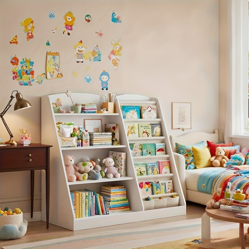 Multi Functional Children's Bookshelf And Toy Storage Cabinet -6-story Trapezoidal Frame, Easy to Assemble, Suitable for Bedrooms, Living Rooms, Game Rooms, Offices, Schools, Durable And Sturdy Structure, Suitable for Small Spaces, Simple Design