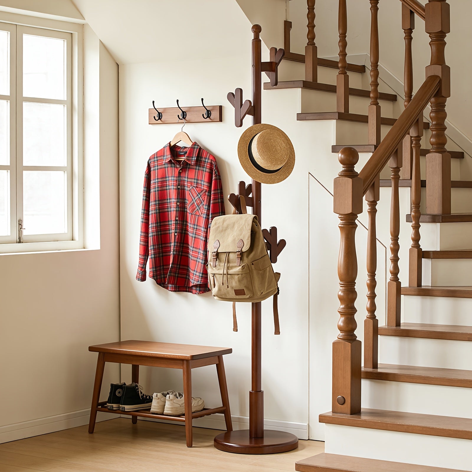 Heavy-Duty Solid Rubberwood Coat Rack Freestanding with Antler Hooks - Tall Hall Tree Suitable for Entryway, Bedroom, Apartment - Walnut Wood Hanger for Coats, Hats, Bags - Assembly, Sturdy Base