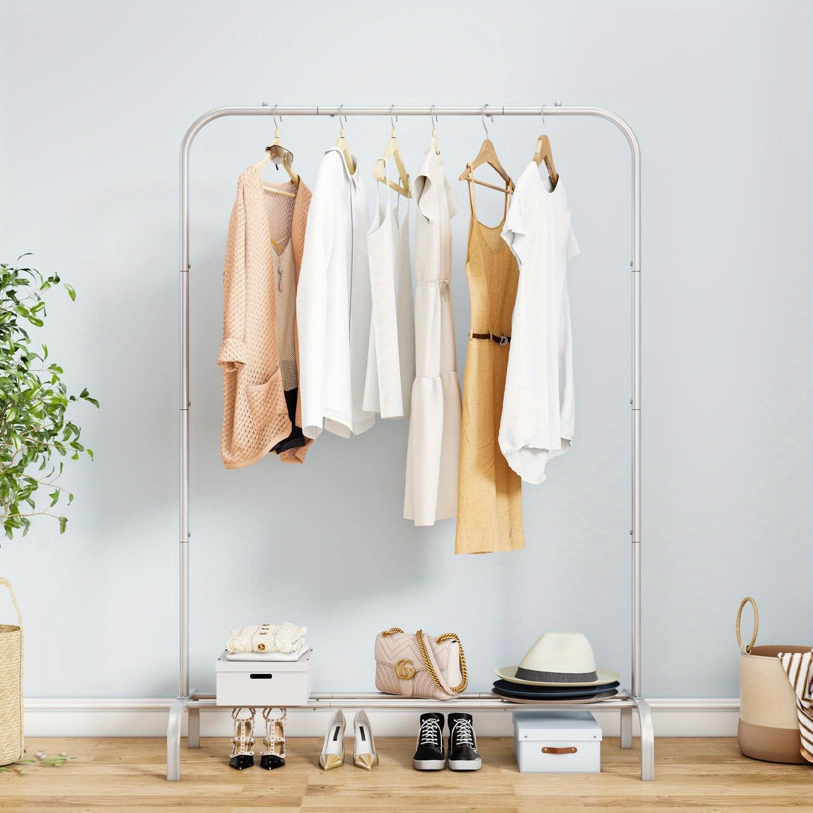 Heavy-Duty Portable Clothes Rack with Bottom Metal Shelf – Large Capacity for Coats, Shirts & More, Sturdy & Durable Design, Easy to Assemble – Perfect Clothes Organizer for Home & Storage