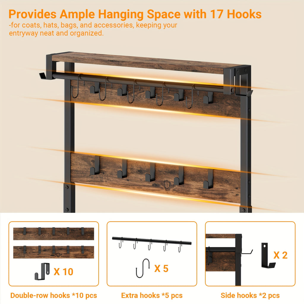 6-In-1 Coat Rack with Entry Bench, Hall Tree with 17 Hooks, 2 Fabric Drawers, Shoe Rack, Metal‑Frame Entryway Coat Rack, Space-Saving Storage Organizer for Bedroom, Mudroom And Closet