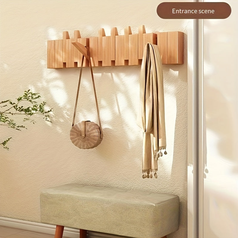1pc 10\u002F12 hook Creative Piano Key Wall Rack, Wall Mounted Coat Hook, Folding Hanging Storage Rack, Solid Wood Clothes Hanger, Hat Rack, For Bedroom, Entryway, Foyer, Mudroom, Wall Decor Aesthetic Room Decor