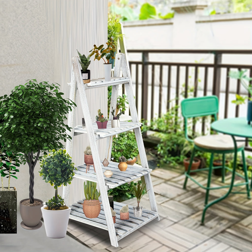 4-Tier Ladder Shelf | Wooden Plant and Bookshelf, Rustic Flower Display Rack, Brown Hardwood, Freestanding for Living Room, Office, Bedroom