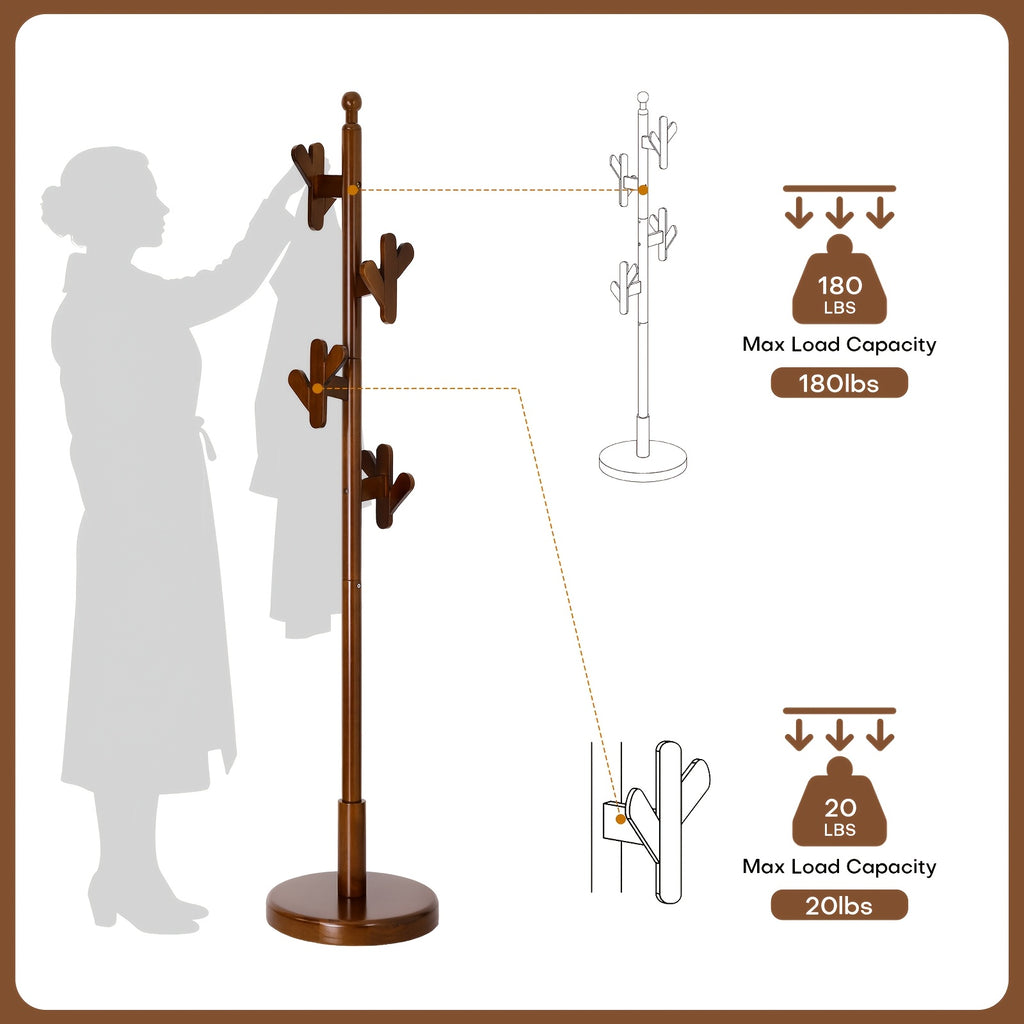 Heavy-Duty Solid Rubberwood Coat Rack Freestanding with Antler Hooks - Tall Hall Tree Suitable for Entryway, Bedroom, Apartment - Walnut Wood Hanger for Coats, Hats, Bags - Assembly, Sturdy Base