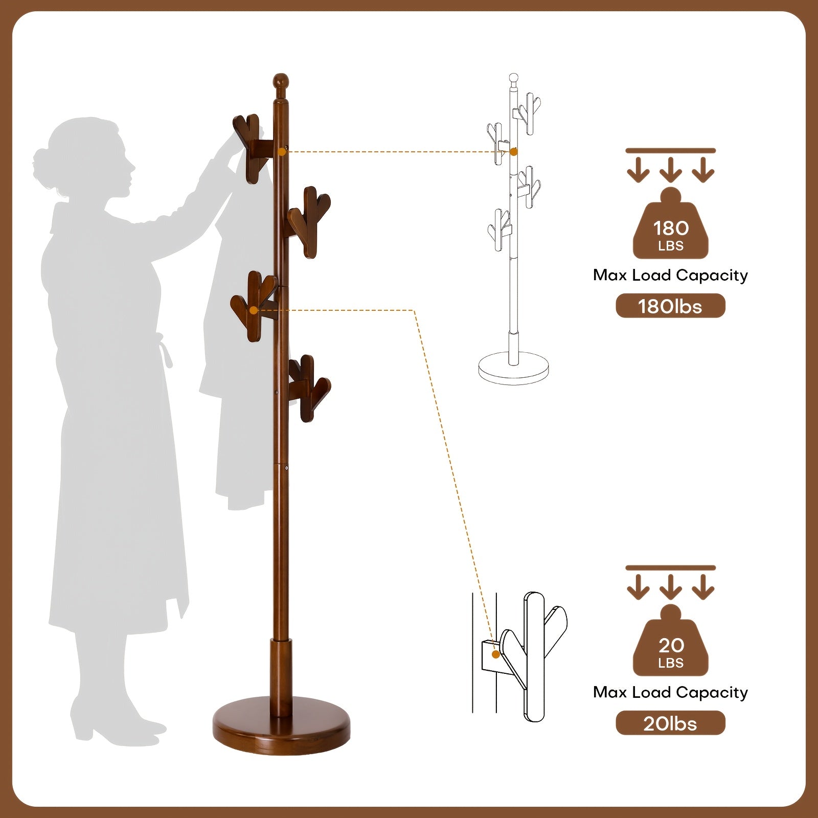 Heavy-Duty Solid Rubberwood Coat Rack Freestanding with Antler Hooks - Tall Hall Tree Suitable for Entryway, Bedroom, Apartment - Walnut Wood Hanger for Coats, Hats, Bags - Assembly, Sturdy Base