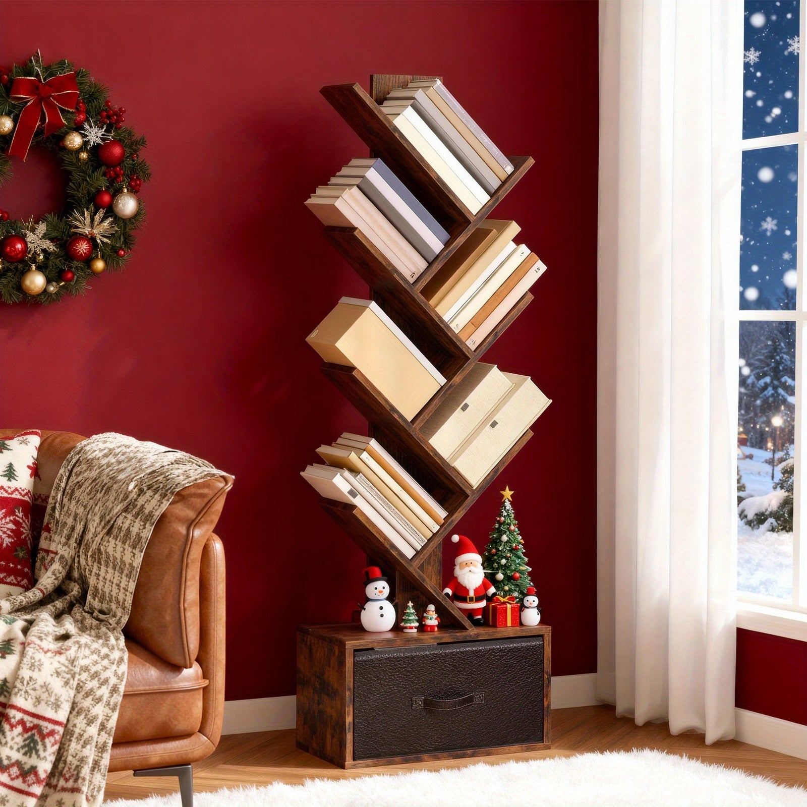 TOMNK 6-Tier Bookshelf Featuring a Drawer, Tree-Shaped Book Storage, Ideal for Organizing Cds, Movies, And Books, Rustic Brown Finish, Offers Excellent Stability And Longevity, Suitable for Living Rooms, Bedrooms, Home Decoration, Assembly