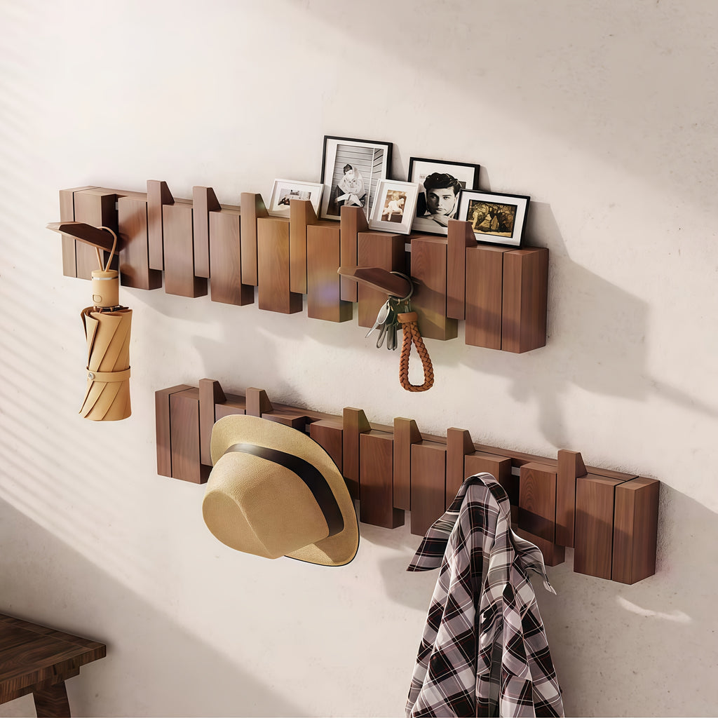 Wall-Mounted Coat Rack 1pc Natural Wood Wall-Mounted Coat Rack with 10 Hooks - Piano-Shaped Accordion Design, Walnut Finish, Space-Saving Vertical Storage for Entryway, Bedroom, Bathroom - Easy Assembly, No Batteries\u002FElectricity, Durable Multi-Purpos