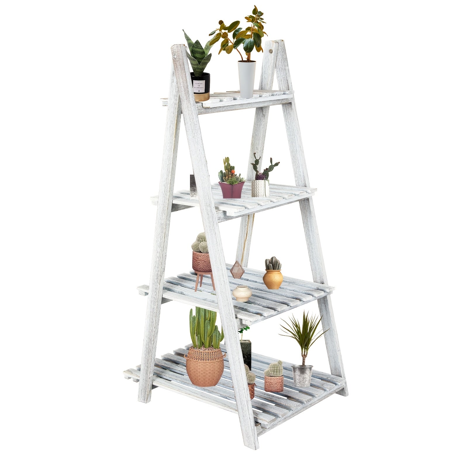 4-Tier Ladder Shelf | Wooden Plant and Bookshelf, Rustic Flower Display Rack, Brown Hardwood, Freestanding for Living Room, Office, Bedroom