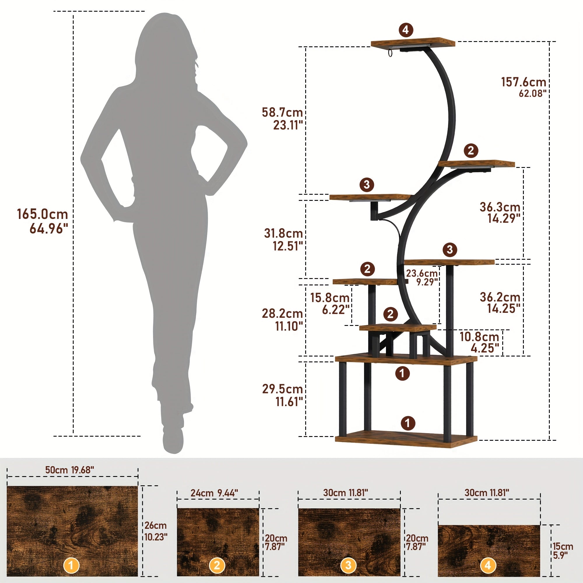 Bookshelf with Lights, 8 Tiered 62' Multi-functional Metal Black&brown Wood Bookcase for Books Handicraft Decorations Frames Multiple, Display Stand for Living Room Study Room Bedroom Staircase Corners Window Edges Good Choice for Gifts Home Decor