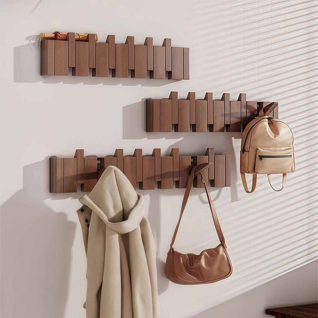 Wall-Mounted Coat Rack 1pc Natural Wood Wall-Mounted Coat Rack with 10 Hooks - Piano-Shaped Accordion Design, Walnut Finish, Space-Saving Vertical Storage for Entryway, Bedroom, Bathroom - Easy Assembly, No Batteries\u002FElectricity, Durable Multi-Purpos