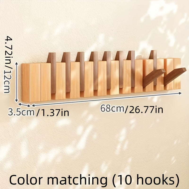 1pc 10\u002F12 hook Creative Piano Key Wall Rack, Wall Mounted Coat Hook, Folding Hanging Storage Rack, Solid Wood Clothes Hanger, Hat Rack, For Bedroom, Entryway, Foyer, Mudroom, Wall Decor Aesthetic Room Decor