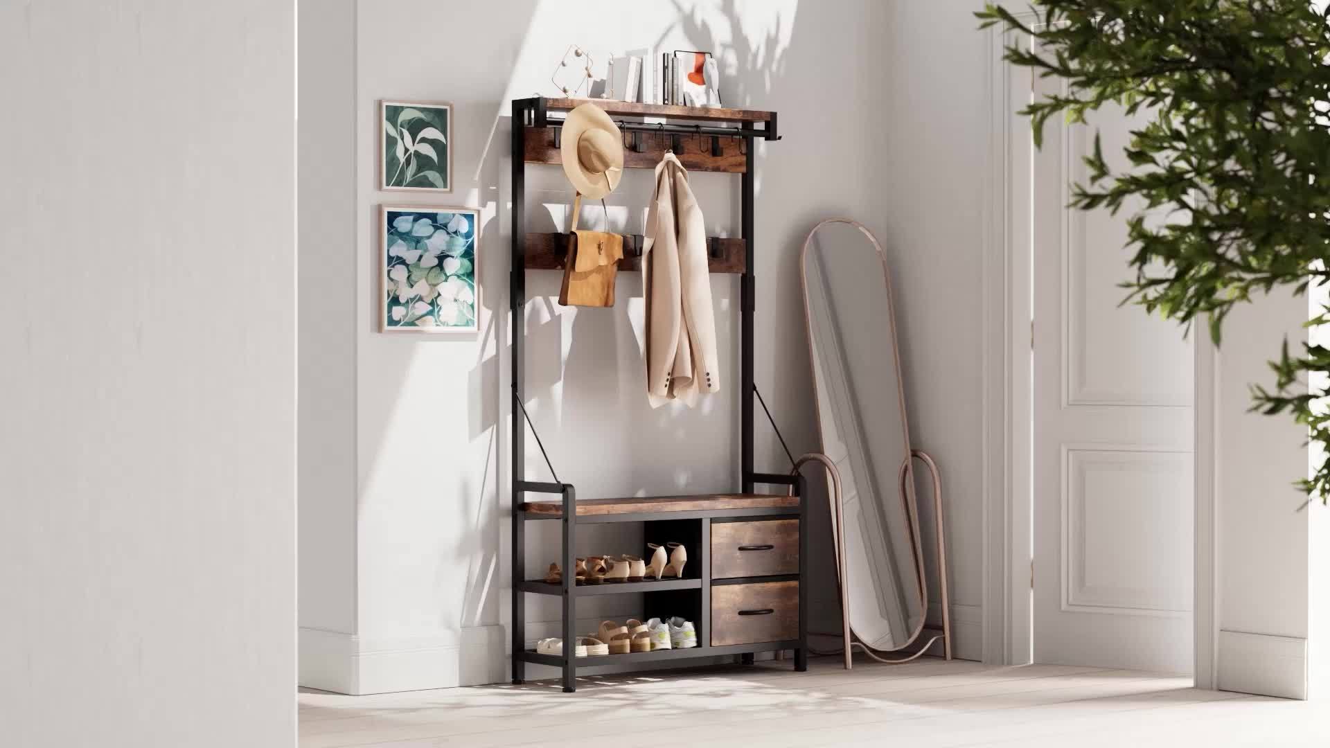6-In-1 Coat Rack with Entry Bench, Hall Tree with 17 Hooks, 2 Fabric Drawers, Shoe Rack, Metal‑Frame Entryway Coat Rack, Space-Saving Storage Organizer for Bedroom, Mudroom And Closet