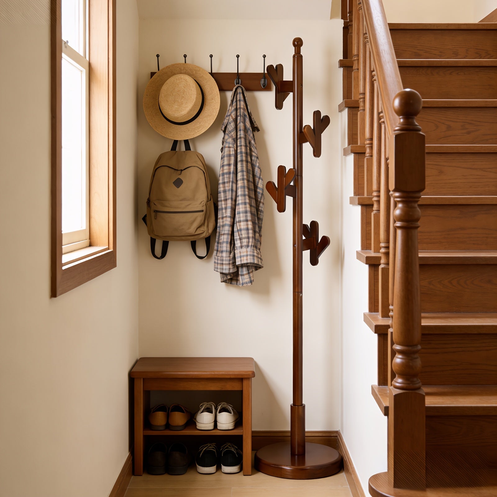 Heavy-Duty Solid Rubberwood Coat Rack Freestanding with Antler Hooks - Tall Hall Tree Suitable for Entryway, Bedroom, Apartment - Walnut Wood Hanger for Coats, Hats, Bags - Assembly, Sturdy Base