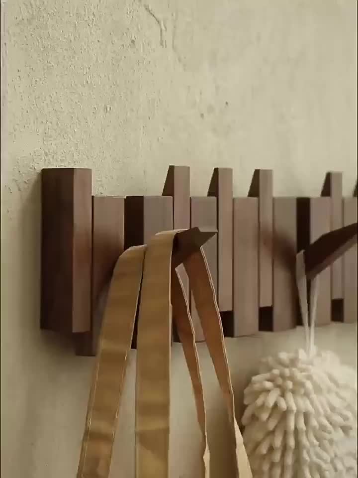 Wall-Mounted Coat Rack 1pc Natural Wood Wall-Mounted Coat Rack with 10 Hooks - Piano-Shaped Accordion Design, Walnut Finish, Space-Saving Vertical Storage for Entryway, Bedroom, Bathroom - Easy Assembly, No Batteries\u002FElectricity, Durable Multi-Purpos