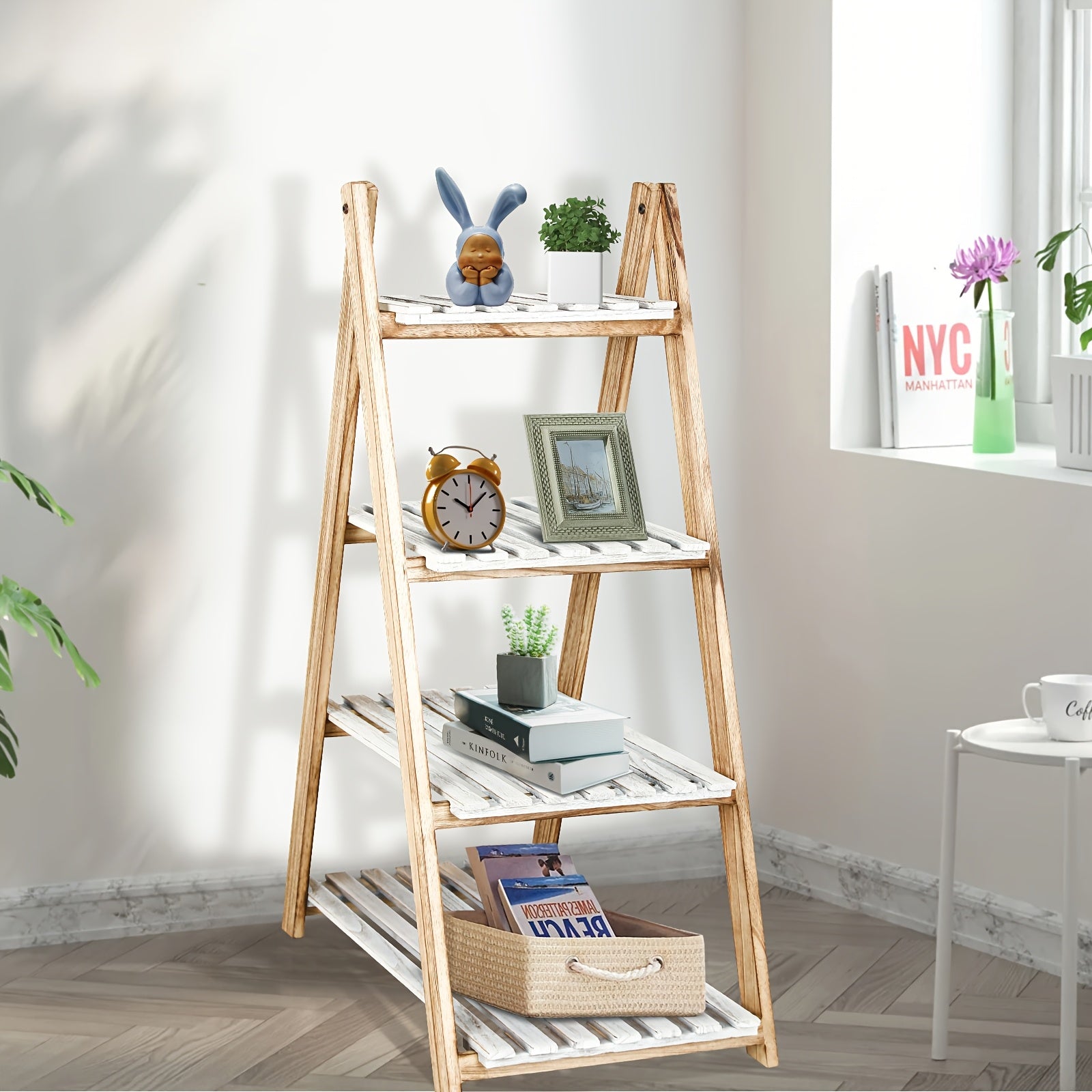 4-Tier Ladder Shelf | Wooden Plant and Bookshelf, Rustic Flower Display Rack, Brown Hardwood, Freestanding for Living Room, Office, Bedroom