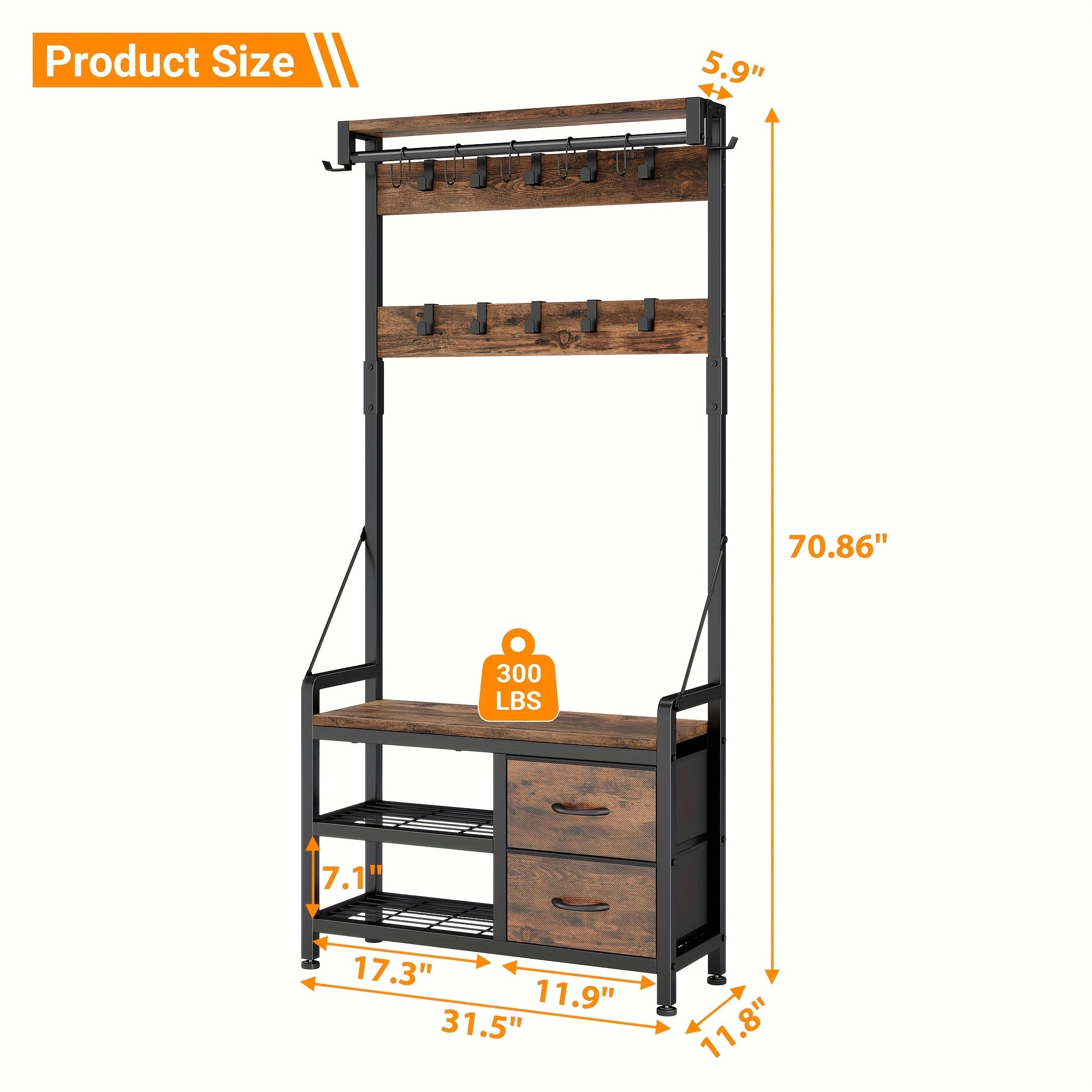 6-In-1 Coat Rack with Entry Bench, Hall Tree with 17 Hooks, 2 Fabric Drawers, Shoe Rack, Metal‑Frame Entryway Coat Rack, Space-Saving Storage Organizer for Bedroom, Mudroom And Closet