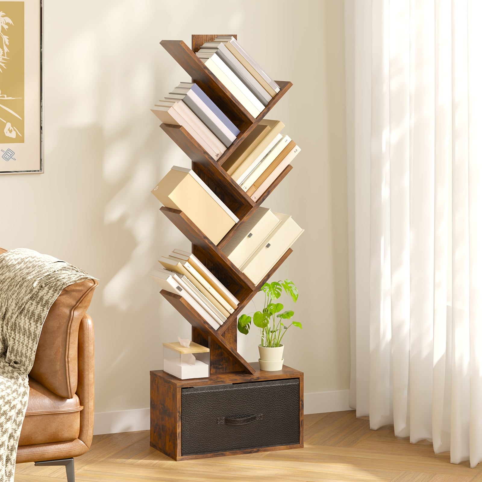 TOMNK 6-Tier Bookshelf Featuring a Drawer, Tree-Shaped Book Storage, Ideal for Organizing Cds, Movies, And Books, Rustic Brown Finish, Offers Excellent Stability And Longevity, Suitable for Living Rooms, Bedrooms, Home Decoration, Assembly